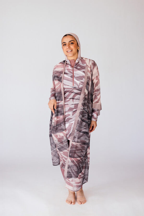 Huruf Mauve Grey Leaf Print Chiffon Swimwear Kimono
