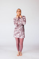 Huruf Mauve Calligraphy Print Zip Neck Swim Top