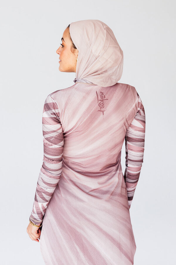 Huruf Mauve Calligraphy Print Zip Neck Swim Top