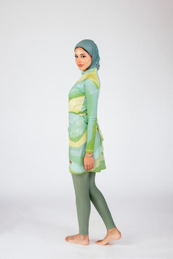 Lime Fusion Lime and Mint Wave Print Zip Neck Swim Top