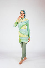 Lime Fusion Lime and Mint Wave Print Zip Neck Swim Top