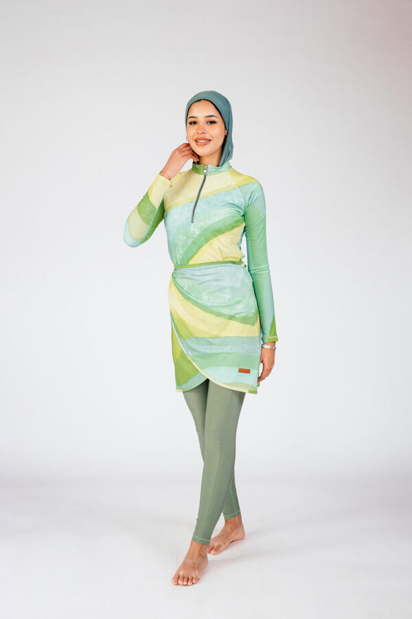 Lime Fusion Lime and Mint Wave Print Zip Neck Swim Top