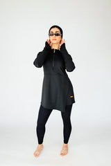 Mono Black Long-Sleeve Zip Neck Swim Top