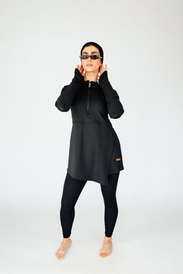 Mono Black Long-Sleeve Zip Neck Swim Top