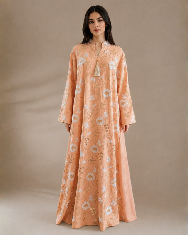 Peach Gold Floral Embroidered Linen Jalabiya with Split Neck