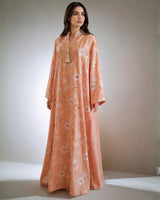Peach Gold Floral Embroidered Linen Jalabiya with Split Neck