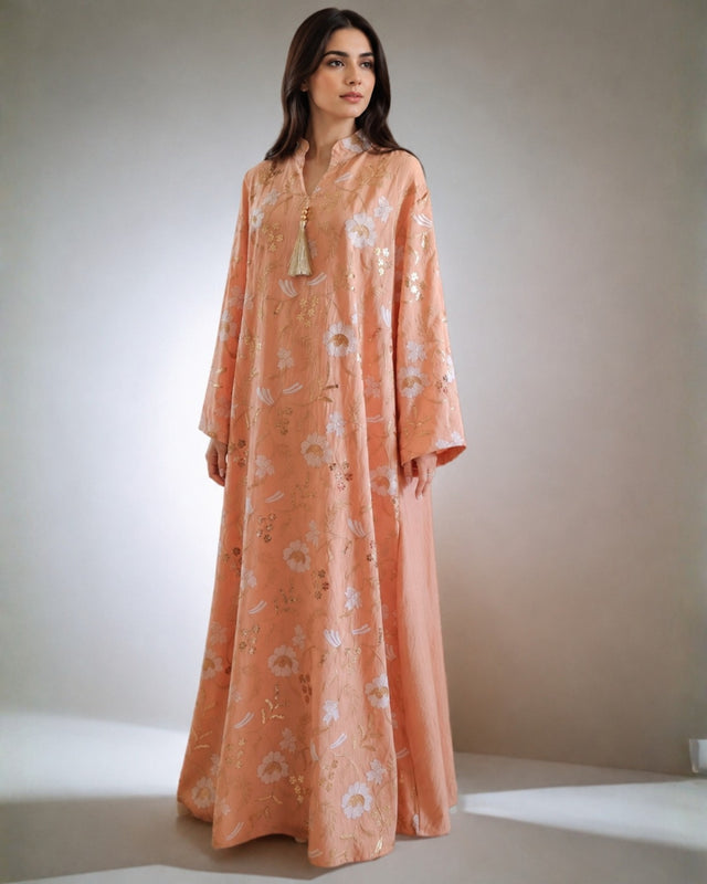 Peach Gold Floral Embroidered Linen Jalabiya with Split Neck