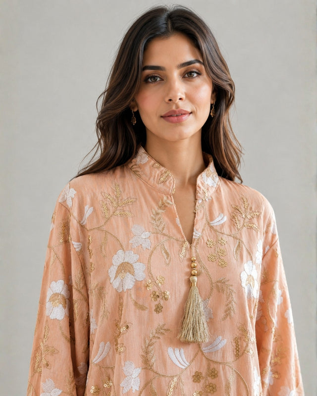 Peach Gold Floral Embroidered Linen Jalabiya with Split Neck