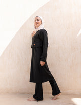 توب سباحة فلو أسود طويل بسحّاب أمامي