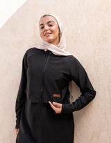 توب سباحة فلو أسود طويل بسحّاب أمامي