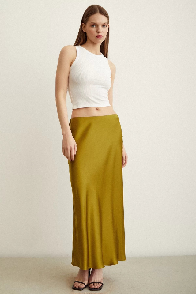 Satin Flared Skirt - Olive
