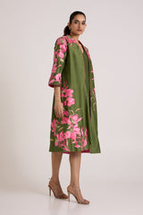 Olive Rafiya set with floral applique jacket sleeves, three quarter side view