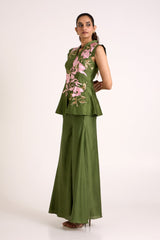 Olive Green Stacy Peplum Vest and Flare Pants by Madder Much, sleeveless peplum vest with pink floral applique