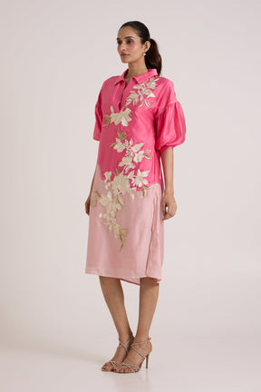 Jay Pink Avina The Mingle Midi Dress by Madder Much, two tone pink collared dress with ivory floral applique