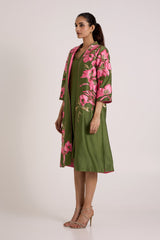 Olive Rafiya jacket and slip dress with pink floral applique, full length side view