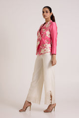 Jay pink Eddie set with long sleeves and embroidered pant hem slit, side view