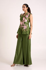Olive Stacy peplum vest with notched collar and wide flare pants, three quarter view