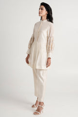 Ivory Abe 2.0 Micro-gathered Peplum Tunic Set by Madder Much, band collar tunic with embroidered balloon sleeves