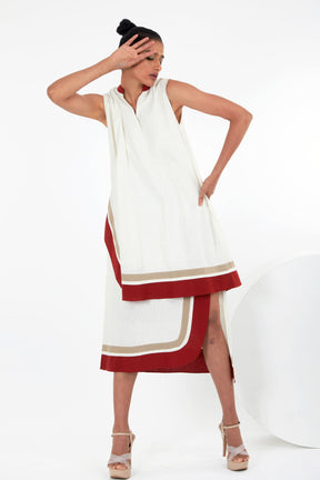Sachi Ivory Layered Midi Dress by Madder Much, sleeveless dress with red and beige striped hem panels