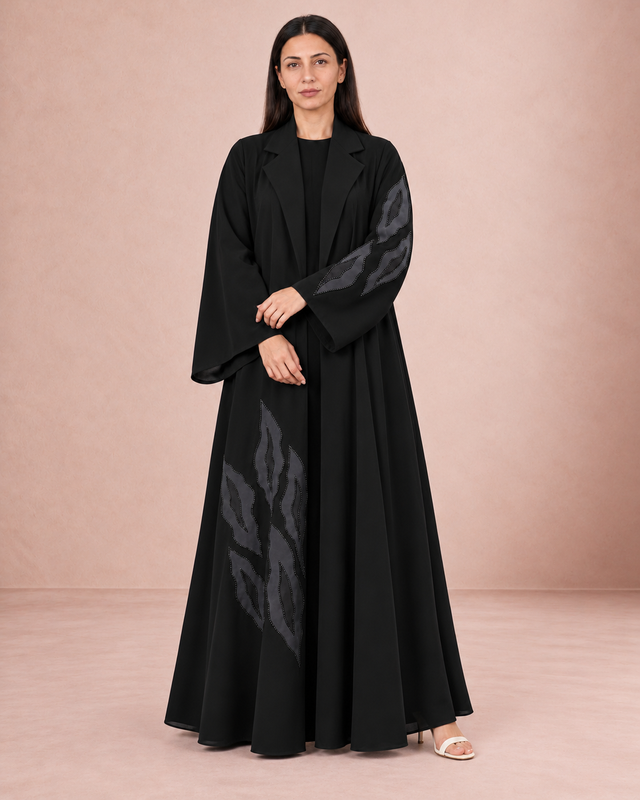 Sky Black Embroidered Crepe Open Front Abaya with Headscarf