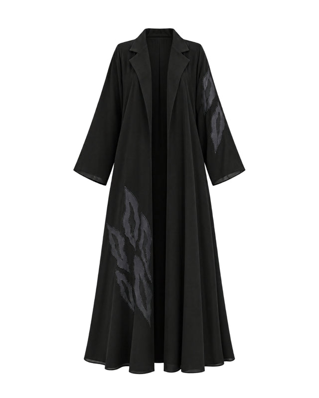 Sky Black Embroidered Crepe Open Front Abaya with Headscarf