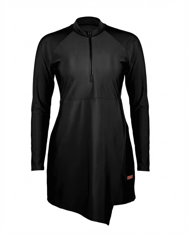 Mono Black Long-Sleeve Zip Neck Swim Top