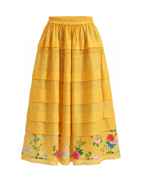 Aam Yellow Layered Floral Hem Cotton Silk Skirt - Skirt - Mizyana