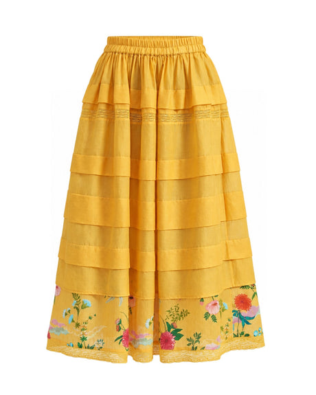 Aam Yellow Layered Floral Hem Cotton Silk Skirt - Skirt - Mizyana
