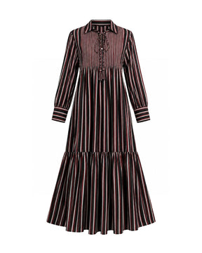 Akari Black and Red Striped Tiered Cotton Dress with Tie Neck - Dress - Mizyana