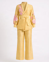 Alfie Butter Yellow Embroidered Obi Belt Blazer and Pant Two-Piece Set - Two-Piece Set - Mizyana