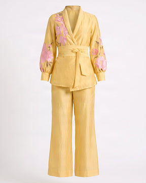 Alfie Butter Yellow Embroidered Obi Belt Blazer and Pant Two-Piece Set - Two-Piece Set - Mizyana