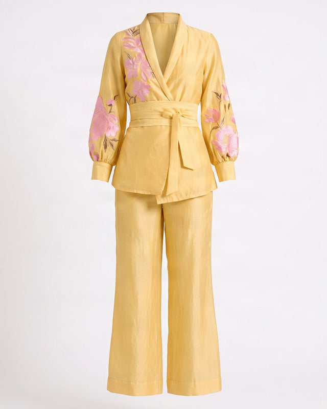 Alfie Butter Yellow Embroidered Obi Belt Blazer and Pant Two-Piece Set - Two-Piece Set - Mizyana