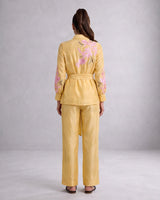 Alfie Butter Yellow Embroidered Obi Belt Blazer and Pant Two-Piece Set - Two-Piece Set - Mizyana