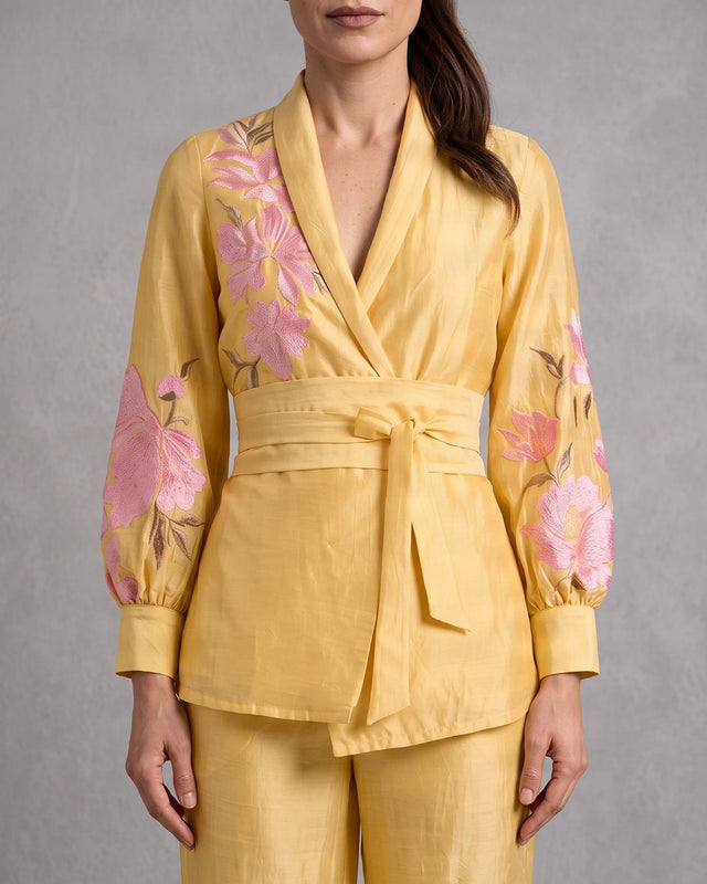 Alfie Butter Yellow Embroidered Obi Belt Blazer and Pant Two-Piece Set - Two-Piece Set - Mizyana