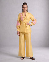Alfie Butter Yellow Embroidered Obi Belt Blazer and Pant Two-Piece Set - Two-Piece Set - Mizyana