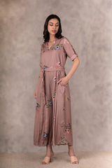 Almond Eden Print Jumpsuit In Georgette Moss With Hand Embroidery Details - Mizyana