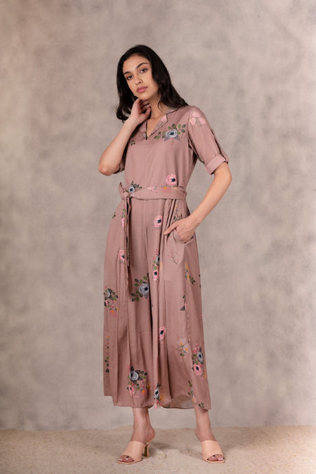 Almond Eden Print Jumpsuit In Georgette Moss With Hand Embroidery Details - Mizyana