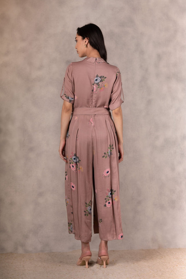 Almond Eden Print Jumpsuit In Georgette Moss With Hand Embroidery Details - Mizyana