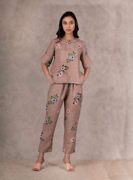 Almond Eden Print Linen Pants - Mizyana