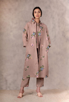 Almond Eden Print Top In Linen With Hand Embroidery Details - Mizyana