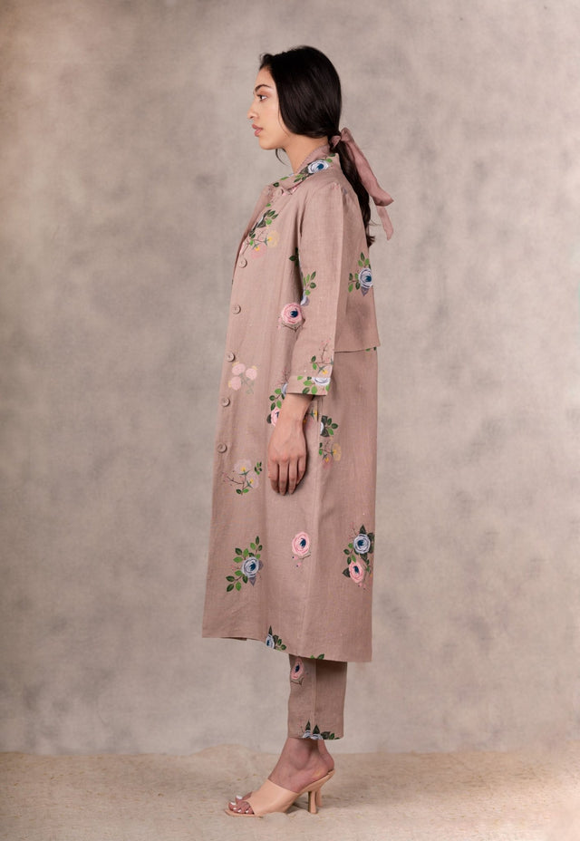 Almond Eden Print Top In Linen With Hand Embroidery Details - Mizyana