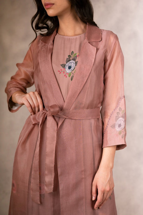 Almond Eden Print Top Jumpsuit And Jacket Set In Georgette Moss And Silk Organza With Hand Embroidery Details - Mizyana