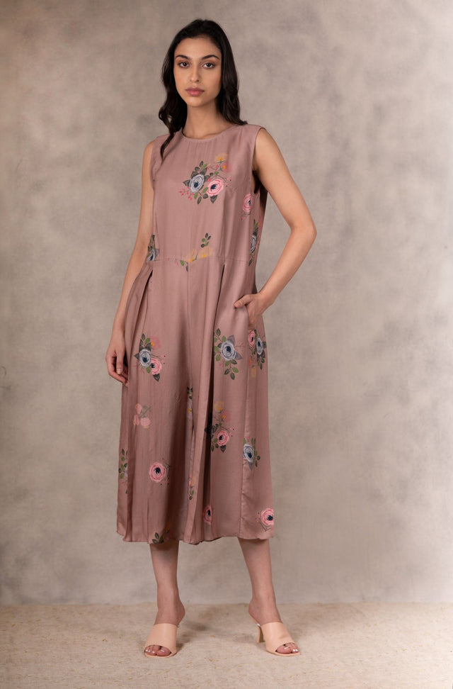 Almond Eden Print Top Jumpsuit And Jacket Set In Georgette Moss And Silk Organza With Hand Embroidery Details - Mizyana