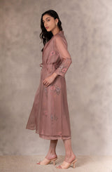 Almond Eden Print Top Jumpsuit And Jacket Set In Georgette Moss And Silk Organza With Hand Embroidery Details - Mizyana