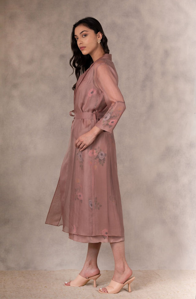 Almond Eden Print Top Jumpsuit And Jacket Set In Georgette Moss And Silk Organza With Hand Embroidery Details - Mizyana