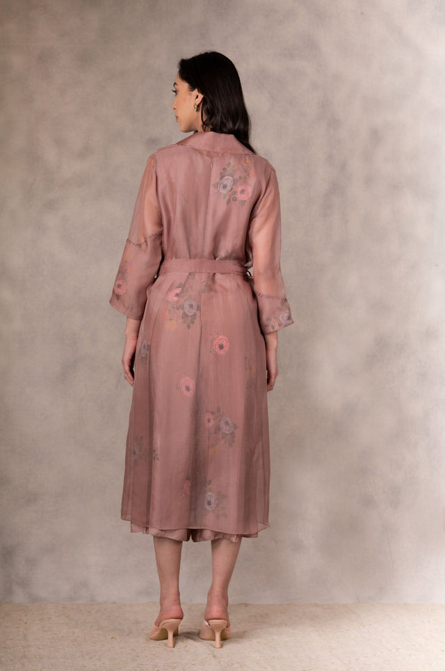 Almond Eden Print Top Jumpsuit And Jacket Set In Georgette Moss And Silk Organza With Hand Embroidery Details - Mizyana