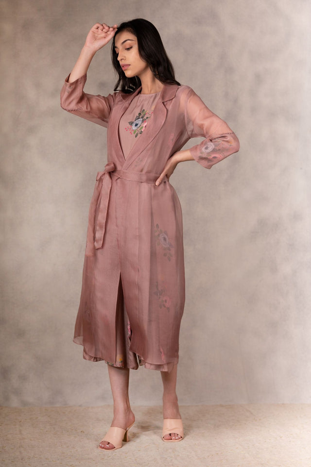 Almond Eden Print Top Jumpsuit And Jacket Set In Georgette Moss And Silk Organza With Hand Embroidery Details - Mizyana
