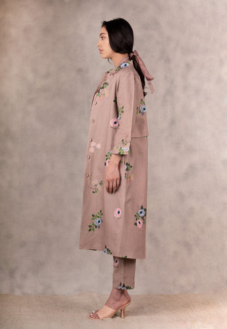 Almond Eden Print Top , Pants And Jacket Set In Linen With Hand Embroidery Details - Mizyana