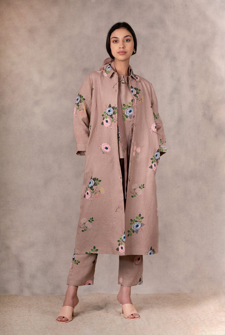 Almond Eden Print Top , Pants And Jacket Set In Linen With Hand Embroidery Details - Mizyana