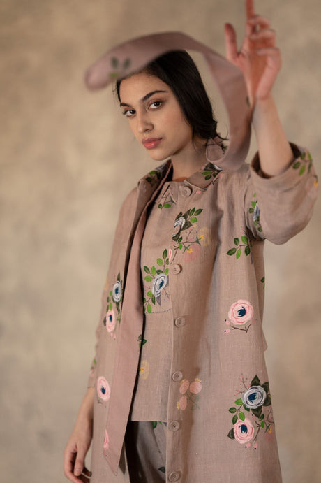 Almond Eden Print Top , Pants And Jacket Set In Linen With Hand Embroidery Details - Mizyana